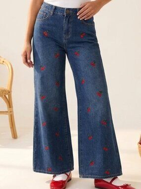 Ashley Mason Red Cherry Embroidery Wide Leg Flare Jeans Dark Blue Retro 0/24